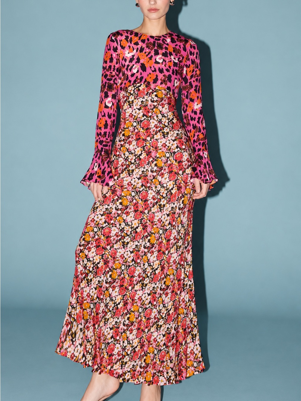NWT SAYLOR Delphine Pink & Orange Floral-Leopard Long Sleeve Maxi Dress
